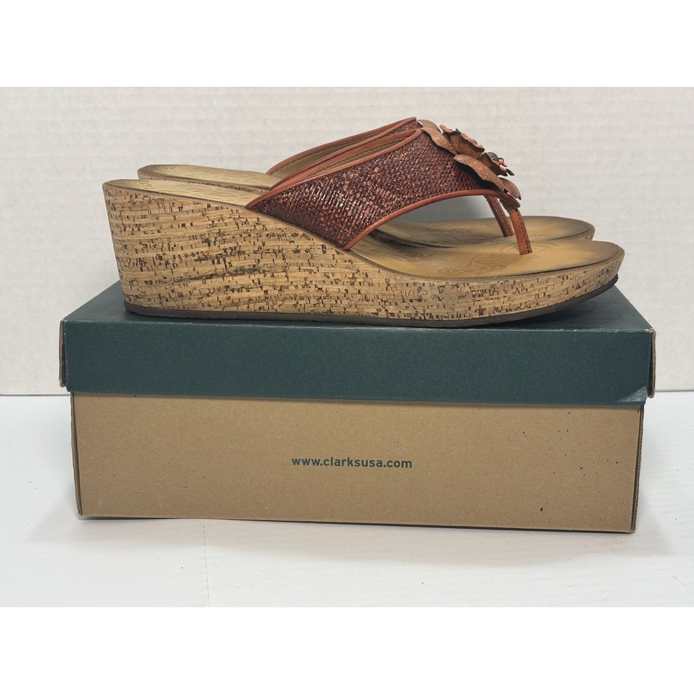 Clarks Mimmey Claire Orange Cork‎ Wedge Thong Sandals Womens 11M Boho